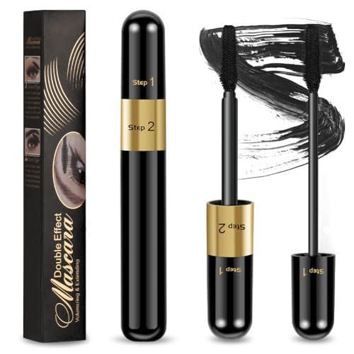 LOPHE Mascara de Pestañas, 2 en 1 Máscaras con Fibras de Seda, Máscara en 2 Pasos, Rimmel de Larga Duración, Diseño de Cabezal de Cepillo Doble, Crea Pestañas Naturales, Gruesas y Largas (Tubo Negro)