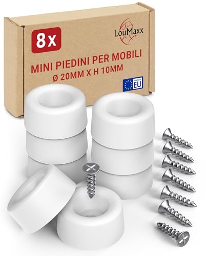 LouMaxx Piedini per mobili mini 8 pezzi Ø 20mm H 10mm – Gambe in plastica per cassettiere, armadi, scaffali – Distanziatori da pavimento con 8 viti Made in EU (8, Bianco)