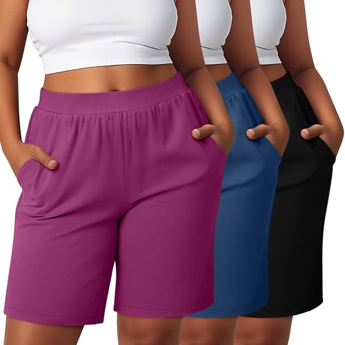 Sweetyweee 3 Pack Women's Plus Size Bermuda Shorts, High Waisted Elastic Bermuda Active Summer Shorts with Pockets(Black, Haze Blue, Purple Red,3X-Large)