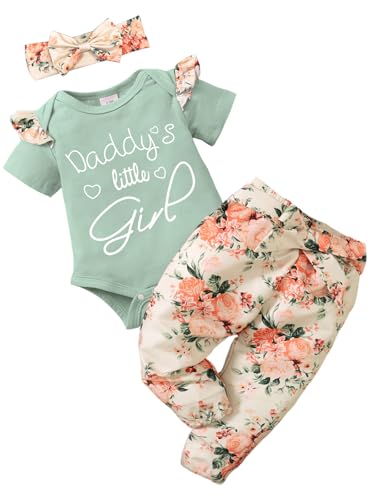 AMAWMW Baby Girl Clothes Set Daddys Little Girl Ruffle Romper Top Floral Pants Newborn Infant Baby Girl Outfit（BG,3-6M