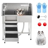 MERXENG 38" Professional Stainless Steel Dog Washing Station with Ramp & Stairs, Commercial-Grade Elevated Dog Bathtub for Grooming Salons, Vet Clinics & Home Use, Includes Sprayer & Drain System