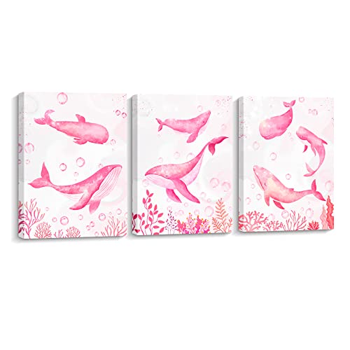 Artinme 3 Piece Pink Whale Canvas Wall Art Whale Swimming In The Sea Painting Art Wall Decor Modern Kids Girl Bedroom Pink Wall Decoration Stretched And Framed Ready To Hang Each 12"X16" #TOP14