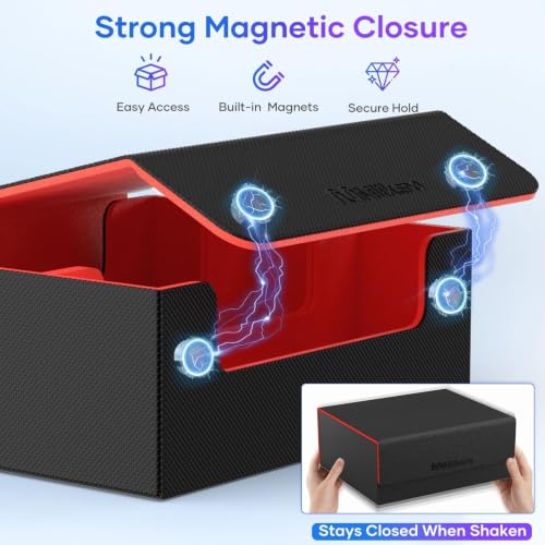 Image of Mlikero Card Deck Case for Trading Cards 1800+, Trading Card Storage Box Fits Toploader and Magnetic Card Holder, Leather Magnetic Closure Deck Box Fit for MTG, TCG (Red)