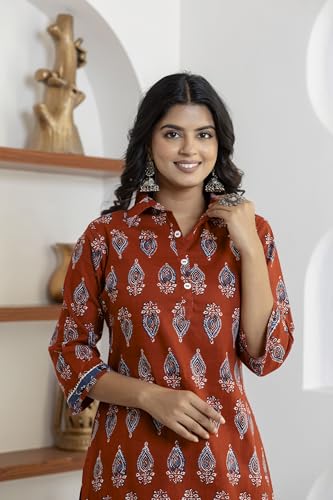 Image of KANNAHI Women Pure Cotton Blue and Rust Ethnic Motif Ajrakh Handblock Printed Kurta Set