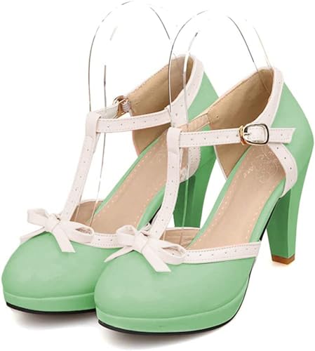 Image of ForeMode Fashion Women T-Strap High Heels Bow Platform Round Toe Pumps Leather Summer Sweet Shoes