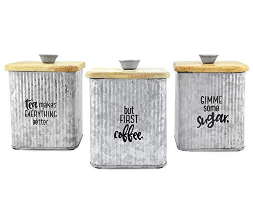 AuldHome Design Farmhouse Galvanized Canisters (Set of 3); Storage Containers for Coffee, Tea and Sugar in Galvanized Iron and Wood Design