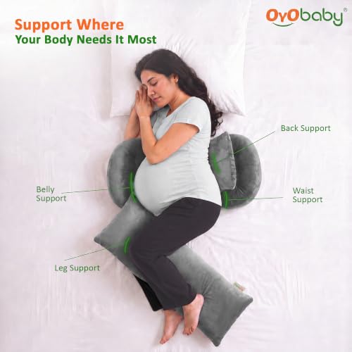 Image of OYO BABY Maternity Pillow Bundle | Adjustable Butterfly Design | Plush Velvet 4-in-1 Maternity Body Pillow | Doubles as Nursing Pillow for Back, Hip and Belly Support - Grey