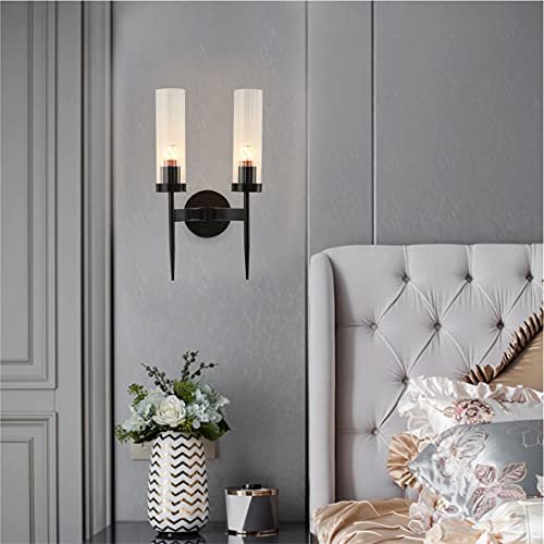 Image of BOKT Modern 2-Lights Matte Black Metal Vanity Light Fixture Clear Crystal Glass Bubble Wall Sconce Lighting Mid Century Wireless Wall Mounted Bedside Wall Lamps