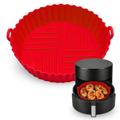 Molde Silicona Redondo para Freidora de Aire, Accesorios Freidoras de Aire, Recipiente de Silicona Redondo para Freidora, Antiadherente, Apta para freidoras de 4 a 5 litros, Silicona, Rojo