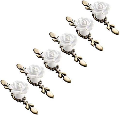 Ceramic Rose Cabinet Knobs with Bronze Backplates, Vintage Kitchen Flower Drawer Pull Handles for Nursery Dresser Cupboard Wardrobe Bathroom Cabinets with 2 Size Screws, 6 Pack (White New)