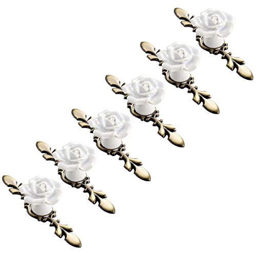 SCTD Ceramic Rose Cabinet Knobs with Bronze Backplates, Vintage Kitchen White Flower Drawer Pull Handles for Dresser Cupboard Wardrobe Bathroom Cabinets, 6 Pack