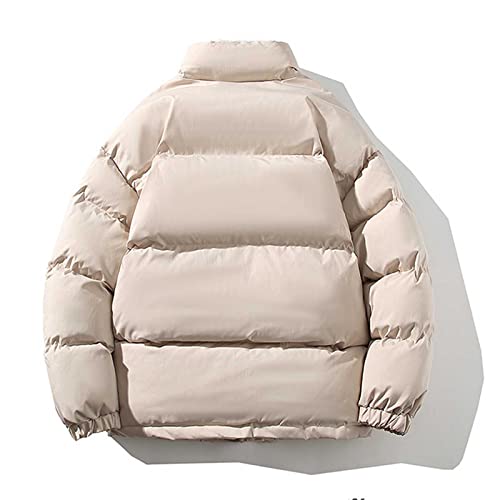 Badhub Men's Puffer Jacket Long Sleeve Waterproof Winter Parka Jacket Fleece Lined Warm Thicken Stand Collar Ski Coat Beige #TOP3