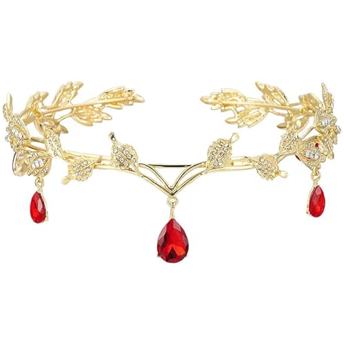 FAINCA Forêt Elfe Couronne, Coiffe Elfique, Mariée de Mariage Diademe Femme, Mode Vert Cristal Couronne, Accessoires Elfe, pour le Cosplay (Rouge)