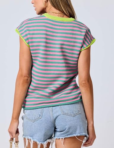 Image of Bozanly Womens Crewneck Striped Knit T Shirts Casual Spring Summer Cap Sleeve Sweater Tank Top 2025(0952-PinkStripe-S)