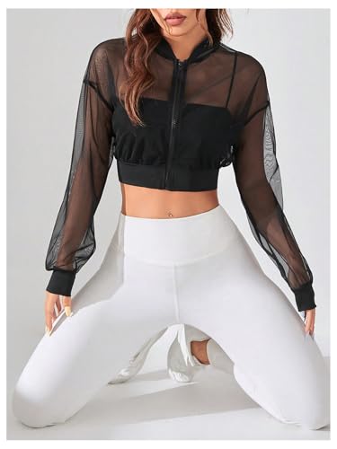 OYOANGLE Jaqueta bomber feminina de malha transparente para treino, leve, com zíper, jaqueta de ioga