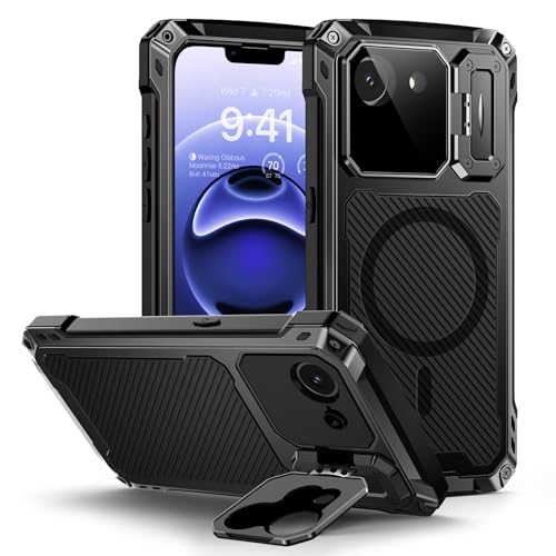 Lanhiem Funda para iPhone 16e, Protección Lente Cámara, Anillo Magnético Integrado, Compatible con Magsafe, Protección contra Caídas, Funda Totalmente Cerrada de Metal, Negro