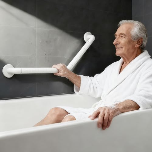 12 Inch（30cm） Angled Shower Grab Bar for Wall, Stainless Steel Bathtub Handle, Bathroom Grab Bars for Seniors,Safety Wall Bars for Elderly, Handicap Grab Bars for Bathroom, Bear UP to 660 LBS, White