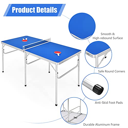 Goplus Portable Ping Pong Table, 100% Preassembled, Folding Table Tennis Table Game Set With Net, 2 Table Tennis Paddles And 4 Balls For Indoor Outdoor, 60X30 Inch #TOP3