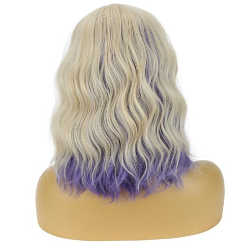 Image of BERON Women Blonde Mixed Purple Short Wavy Wig Girls Shoulder Length Curly Wigs Side Part Heat Resistant Synthetic Wig for Cosplay Costume Daily or Party
