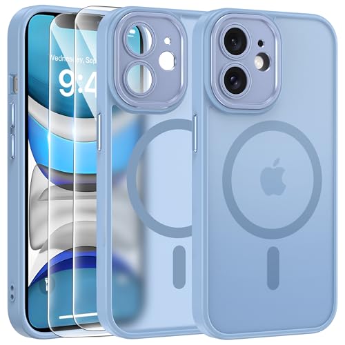 FLLAO Cover Magnetica per iPhone 11 Custodia e 2 Pellicole in Vetro Temperato, Cover iPhone 11 Compatibile con Magsafe, Traslucida Opaca Posteriore Sottile Antiurto Protettiva Case, Blu