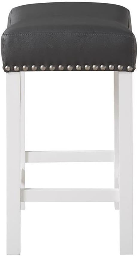 Pemberly Row Wooden Counter Stool Set of 2, Solid Rubberwood Base, White Finish, Black Faux Leather Seat with Nickel Nailhead Trim, 24.75 in Height, Modern Style Kitchen Island Seating or Bar Use