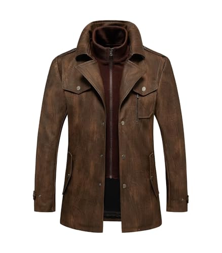 INVACHI Men's Leather Trench Coat Waterproof PU Windbreaker Jacket with Detachable Collar Overcoat
