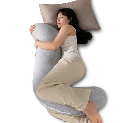 QUEEN ROSE Body Pillow, Full Body Support Pillow for Side Sleepers, Cooling Soft S Shaped Hug Pillow for Adults, with Removable Pillowcase, Light Grey