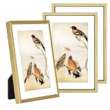 BKABOT 5x7 Brass Metal Photo Frame HD Glass 3 Pack 4x6 Mat Tabletop & Wall