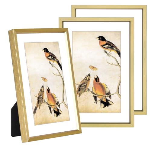 BKABOT 4x6 Picture Frame Set of 3, Brass Metal Photo Frames with HD Glass, Fits 3x5 with Mat or 4x6 without Mat, Wall Hanging and Table Display