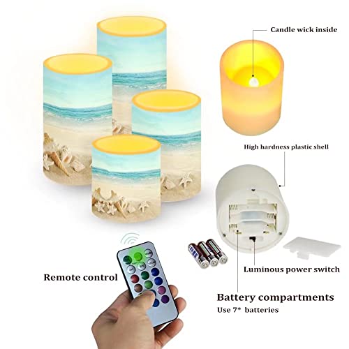 Image of Flickering Flameless LED Pillar Candles with 18-Key Remote Battery Operated Color Changing Tea Lights Fake Candles, Set of 4, Beach Starfish Blue