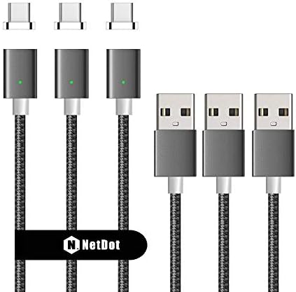 NetDot Gen7 Nylon Braided USB-C Magnetic Fast Charging Cable Compatible with Type-C Smartphone(3.3ft USB-C/3 Pack Gray)