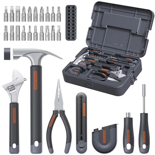 Teslong 27 Pcs Home Repair Tool Kit, Basic Hand Tool Set with Storage Case, Screwdriver, Wrench, Hammer, Tape Measure, Pliers, Utility Knife, Household Essentials tool Set for Car Dorm Repai