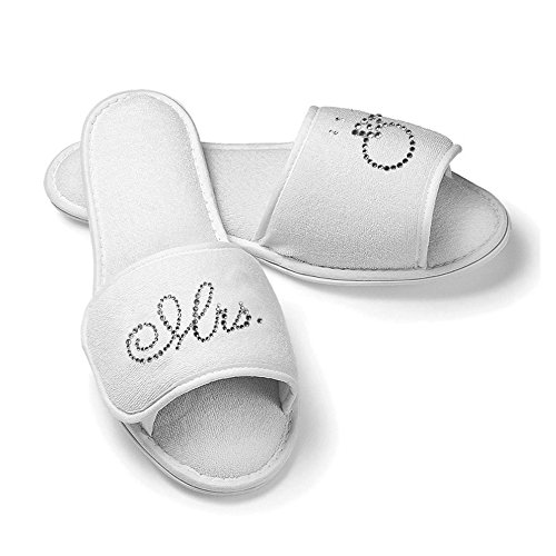Mrs. Bridal Slippers with Rhinestone Mrs. and Diamond Ring (L/XL (Fits 9-11)) White