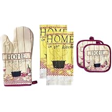 100% Cotton Printed Kitchen Linen Set of 5, 2 Kitchen Towels, 2 Potholder, 1 Oven mitt, Non Slip, Washable, and Heat Resistant. Home