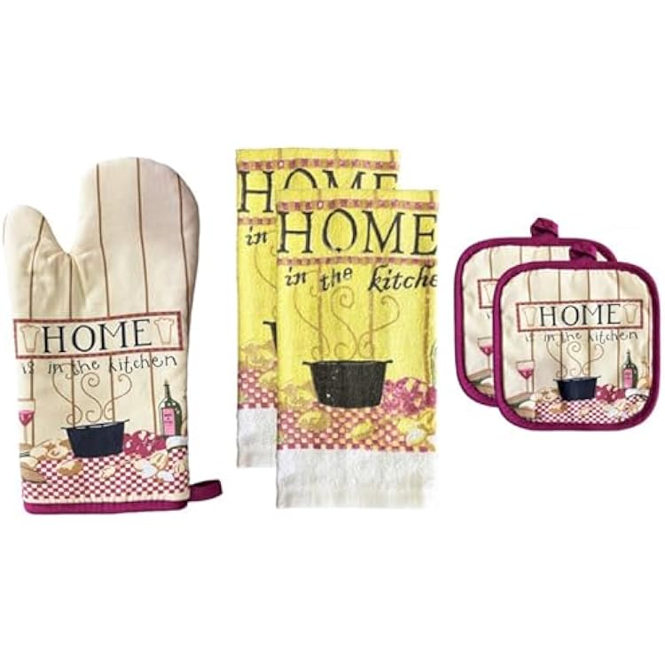 100% Cotton Printed Kitchen Linen Set of 5, 2 Kitchen Towels, 2 Potholder, 1 Oven mitt, Non Slip, Washable, and Heat Resistant. (Home)