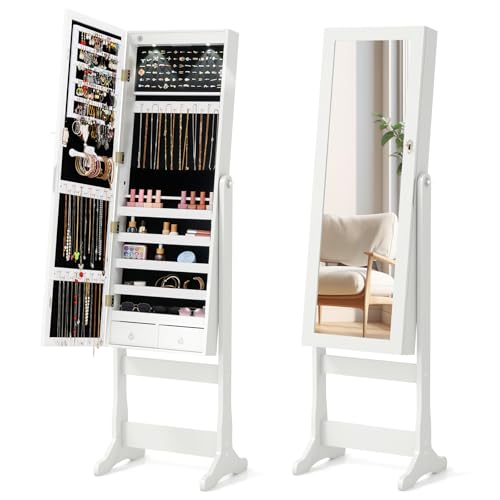COSTWAY Armoire a Bijoux sur Pied avec Miroir, 2 Lumières LED, 4 Positions Réglables, Armoire de Rangement Cosmétiques Verrouillable, Crochets, Étagères et Tiroirs, 41 x 37 x 146 cm (Blanc)