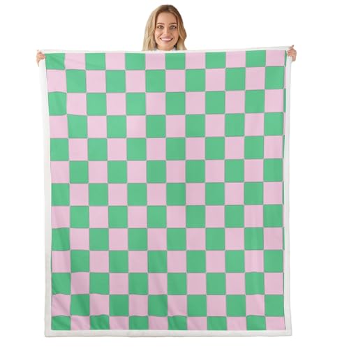 Image of Erosebridal Initial Letter A Fleece Blanket Twin 60 inchx80 inch Pink and White Checkered Sherpa Blanket Cute Monogram Plaid Fuzzy Plush Throw for Kids Girls Women,Kawaii Gingham Grids Decor for Bed Couch