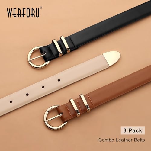 WERFORU 3 Pack Women's Skinny Leather Belts for Jeans Dress Ladies Vintage Waist Belt with Gold Silver Buckle3