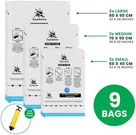 Spedalon Vacuum Storage Bags - Pack of 9 (3 Large + 3 Medium + 3 Small) ReUsable with free Hand Pump for travel packing | Best Sealer Bags for Clothes, Duvets, Bedding, Pillows, Blankets, Curtains