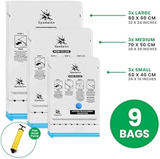 Spedalon Vacuum Storage Bags - Pack of 9 (3 Large + 3 Medium + 3 Small) ReUsable with free Hand Pump for travel packing | Best Sealer Bags for Clothes, Duvets, Bedding, Pillows, Blankets, Curtains