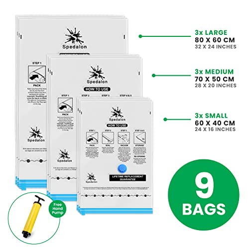 Spedalon Vacuum Storage Bags - Pack of 9 (3 Large + 3 Medium + 3 Small) ReUsable with free Hand Pump for travel packing | Best Sealer Bags for Clothes, Duvets, Bedding, Pillows, Blankets, Curtains