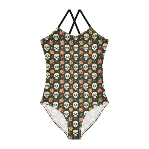 senya Girls Swimsuits One-Piece Swimwear Tie Bathing Suit Beach Summer Round Neck 9-10T Various Skull Flower Pattern