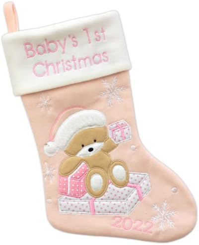 Heart's Sign Babys First Christmas Stocking 2022 | My First Christmas Baby Boy and Baby Girl | Newborn Stockings Christmas Ornaments | Newborn Christmas Decor (Pink)