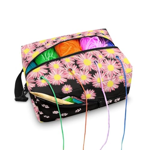 Image of Drnuikhe Pink Daisy Flower Crochet Bag Knitting Bag with Shoulder Straps Traveling Crochet Bags Yarn Bag for Carrying Crochet Hooks, Knitting Kit, Skein Yarn Wool, Project