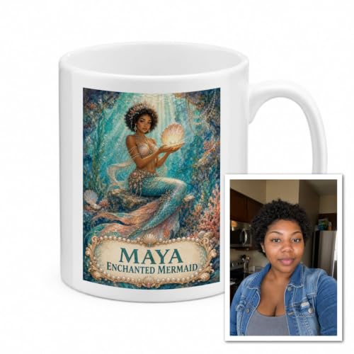 Image of HEROMADE Personalised Mermaid Watercolour Mug from Photo, Custom Text 11oz Ceramic Mug Gift, Mermaid Keepsake for Birthday Christmas Or Special Occasion