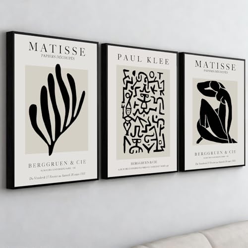 PWAAHDC Matisse Wall Art Set of 3, Framed Black and Beige Neutral Wall Art Prints for Bedroom and Living Room Walls, Pictures for Walls 40x60cm (16x24)