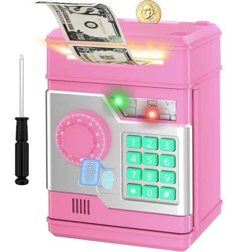 NAFEIV Piggy Bank, Automatic Electronic Piggy Bank for Kids Boys Girls with Password and Fingerprint Unlocking Simulation, Money Bank Kids Safe Toys for 3 4 5 6 7 8 9 10 Year Old Boy Girl(Light Pink)