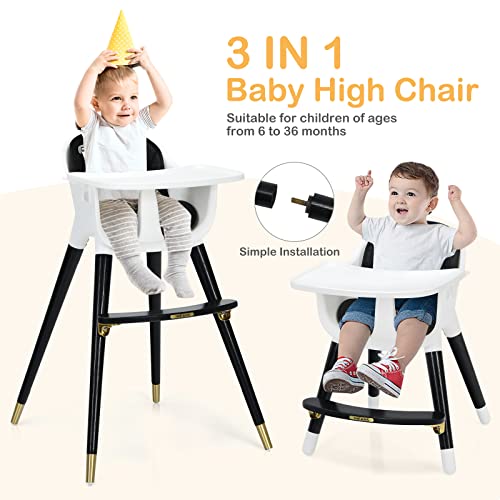 Image of INFANS Baby High Chair, 3 in 1 Convertible Wooden Highchair for Babies & Toddlers, Modern Infant Feeding Chair with 5-Point Safety Harness, Footrest, Adjustable Legs, Removable Tray PU Cushion