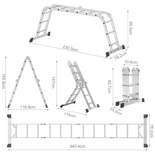 AMHANCIBLE Mehrzweckleiter, Leiter, 3.4M Aluleiter, 4 x 3 Stufen, Trittleiter, Haushaltsleiter, bis 150 kg,12 Stufen, in 6 Positionen, TÜV/GS Zertifiziert, Anti-Rutsch, Stabil und Robust, Silber