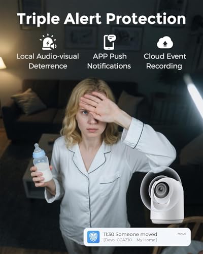 Image of Devo Indoor Security Camera for Home, 2K 360 Pan-Tilt Pet Dog Baby Monitor Camera with Phone App, WiFi Smart Camera Motion Detection, Color Night Vision, 2-Way Audio, 256GB SD White